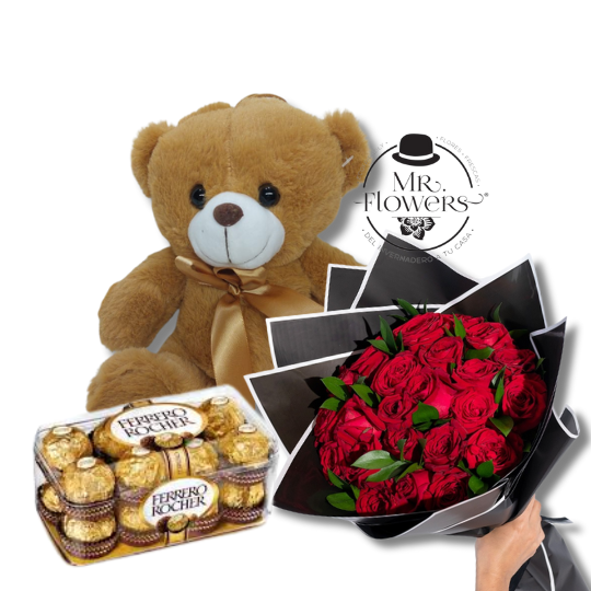 Ramo de Rosas con Chocolates Ferrero y un Peluche
