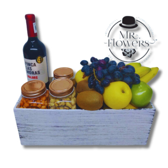 Caja Frutal con Vino y Snacks