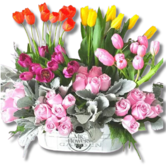 Arreglo floral con 40 Tulipanes y 24 Rosas