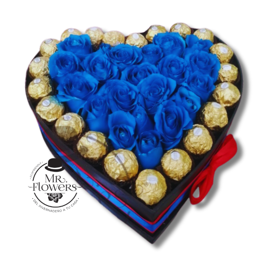 Sweet Blue | Corazón de Rosas Azules y Chocolates Ferrero