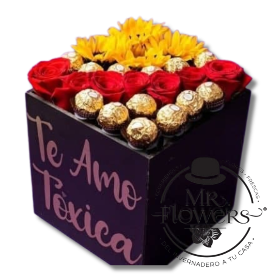 Caja con rosas, girasoles y ferrero