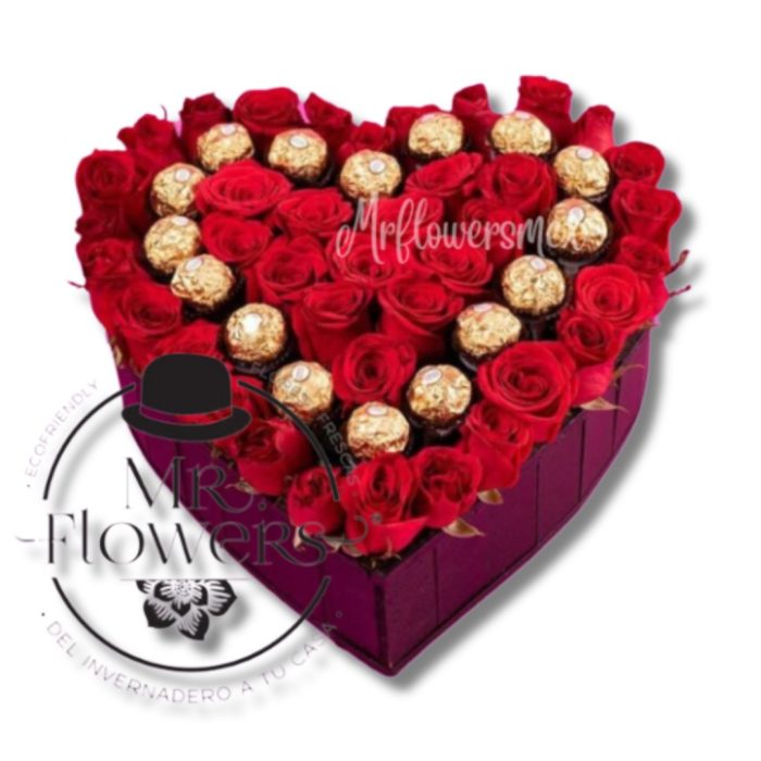 Corazón con 34 rosas rojas y 16 ferreros