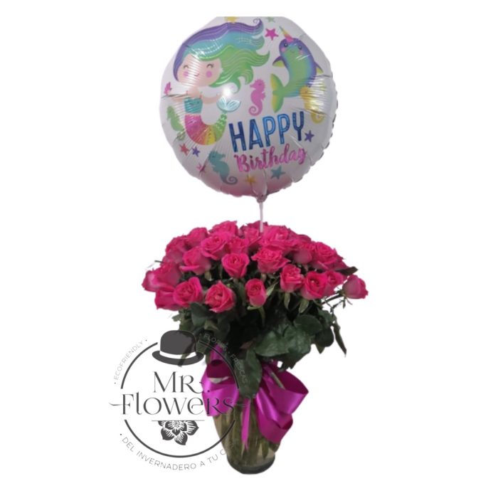 Jarrón de 50 Rosas y Globo