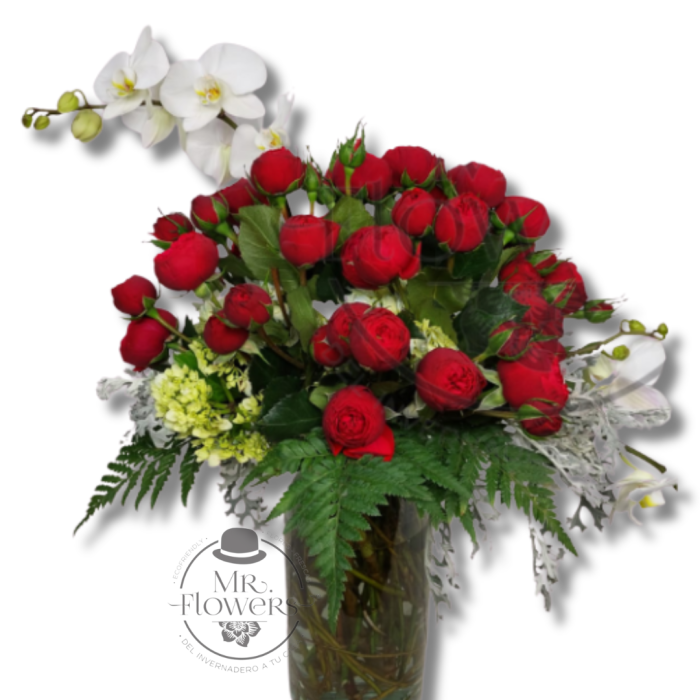 Jarrón con Rosas Inglesas y Orquideas