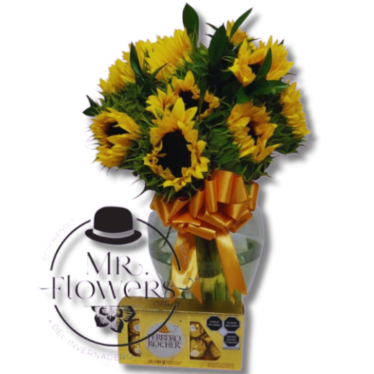 Jarrón de Girasoles y Chocolates