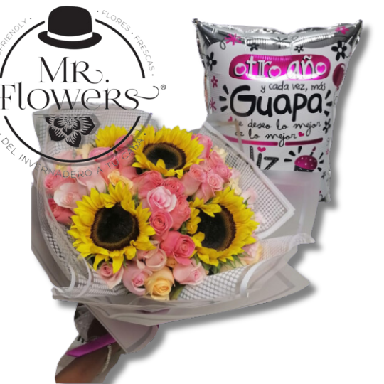 Ramo de rosas, girasoles y globo